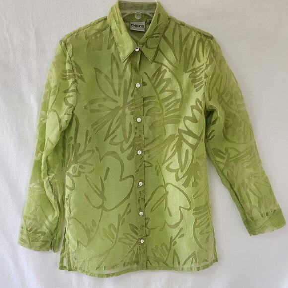 Chico's Lime Green Floral Button Down Sheer Blouse Womens  0ne Size Fits Most - Picture 1 of 12